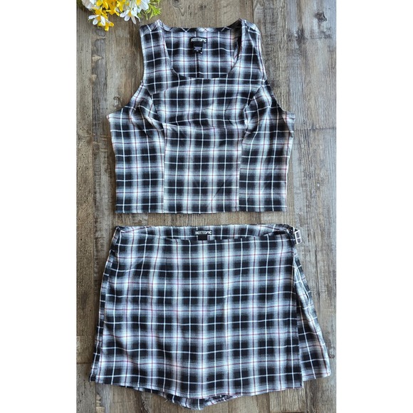 Hot Topic Plaid 2 Piece Crop Top Mini Skirt Set Womens XL Black White - Picture 1 of 15